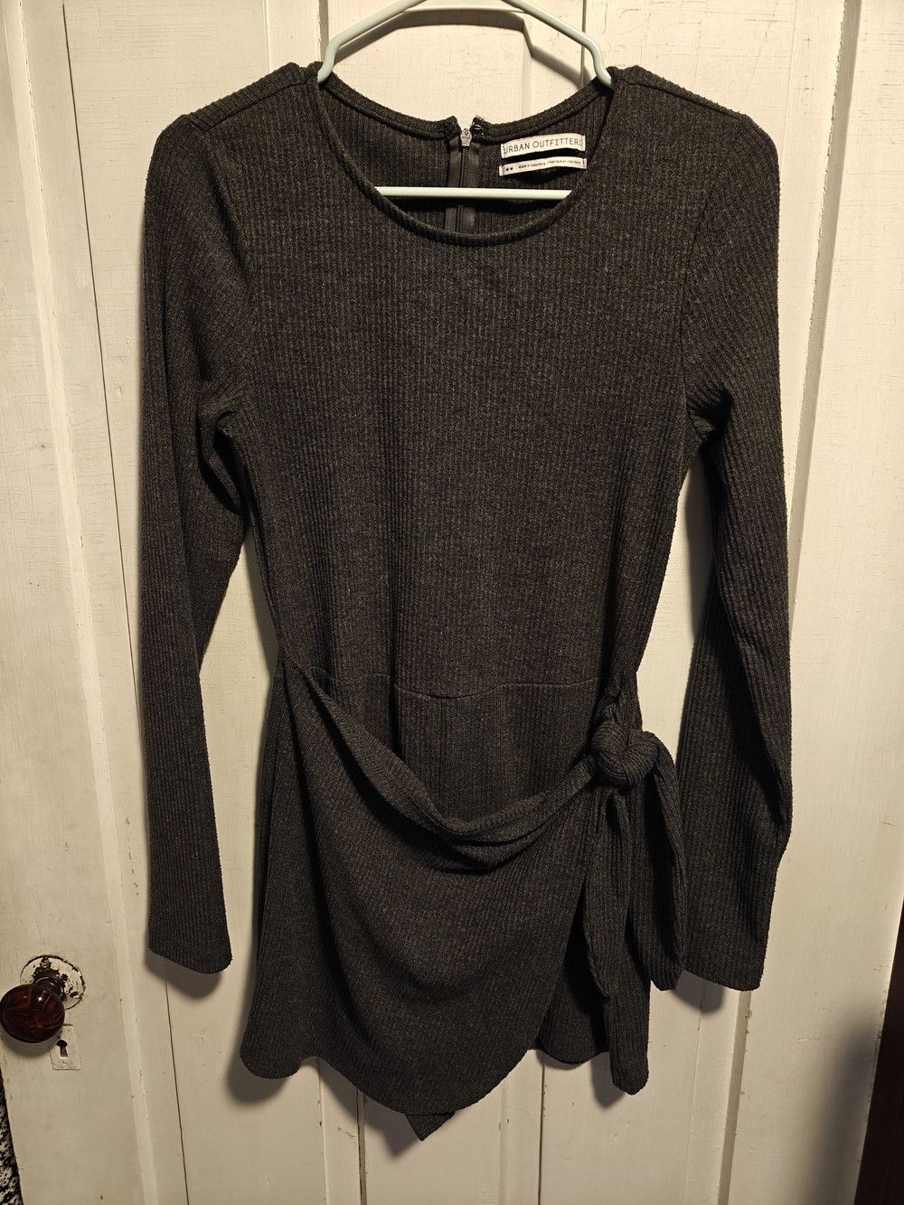Urban Outfitters Dark Charcoal Ribbed Tie-Waist Long Sleeve Romper